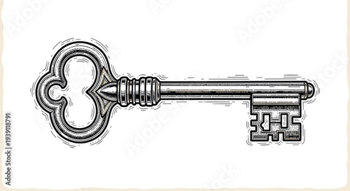 Antique Ornamental Skeleton Key Vector Illustration in Woodcut Style