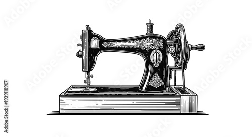 Vintage Engraving Style Antique Sewing Machine, Detailed Woodcut Tailor Illustration