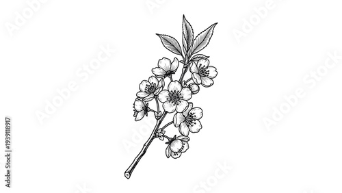 Vintage cherry blossom branch engraving, antique sakura flower sketch and botanical spring illustration in woodcut style isolated