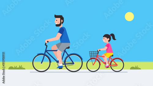 Man and Girl Riding Bicycles Together.