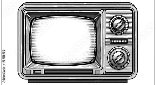 Vintage engraving retro television old tv set hand drawn woodcut style classic media device illustration