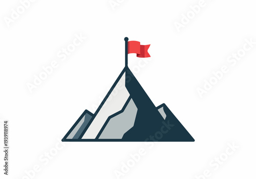 Mountain peak with flag on top, symbolizing achievement and success, viewed from a distance