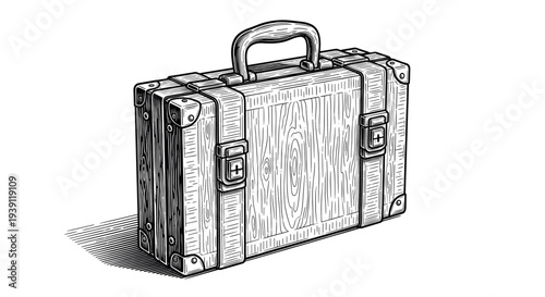 vintage leather briefcase with handle detailed retro business bag engraving illustration isolated, classic office portfolio hand drawn antique woodcut style