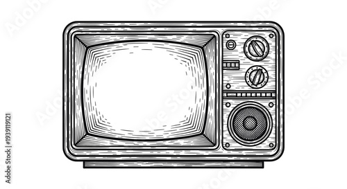 Vintage engraving retro television old tv set hand drawn woodcut style classic media device illustration