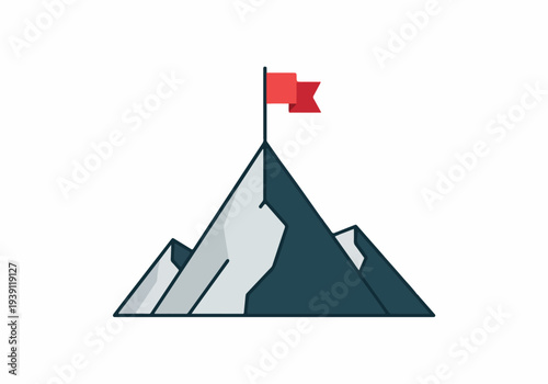 A red flag flapping at the peak of a mountain, symbolizing achievement and success in a serene landscape illustration