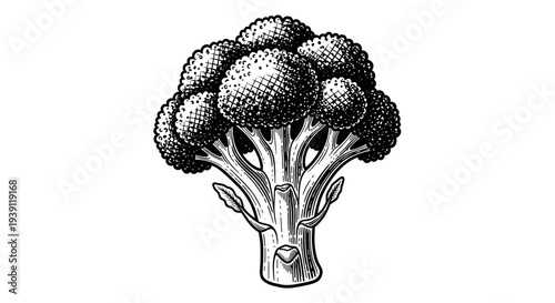 Vintage broccoli engraving, hand drawn organic vegetable healthy food sketch isolated