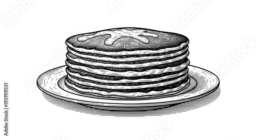 stack of pancakes detailed vintage engraving illustration isolated, breakfast dessert food hand drawn retro woodcut style culinary artwork