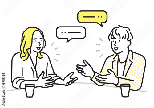 シンプル　イラスト　英語で会話をする男女 英会話レッスンとコミュニケーションのイメージ ベクターイラスト