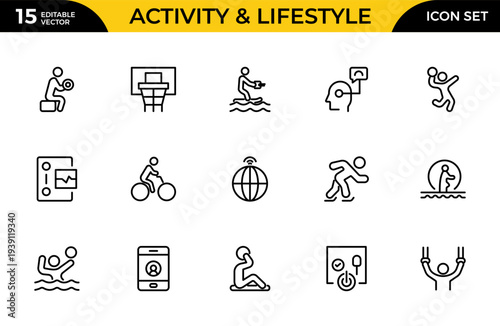 Activity and Lifestyle Line Icon Set for Cooking, Sports, Fishing, Camping and Hobby UI Design Outline Vector Collection