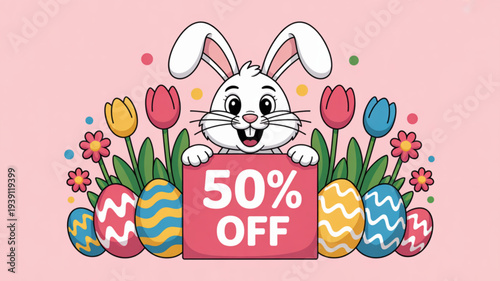 Easter bunny peeking behind flowers and eggs holding 50 percent off discount sign in colorful spring illustration