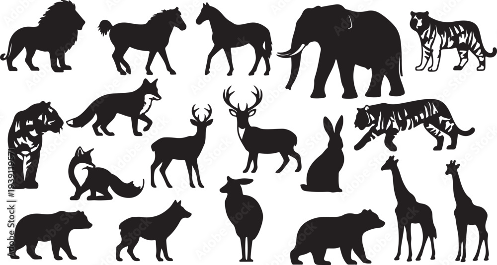 Fototapeta premium Set of 20 Black Wild Animal Silhouettes. Vector Collection of Safari and Forest Mammal Icons. isolated PNG with Transparent Background