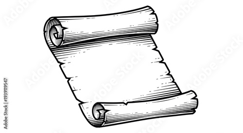 antique scroll parchment paper detailed vintage engraving illustration isolated, rolled manuscript document hand drawn old paper woodcut style