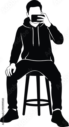 Man sitting on stool taking with smartphone black sillhouette person