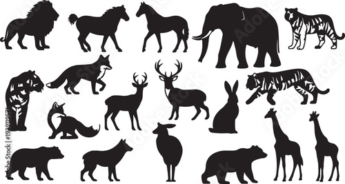 Set of 20 Black Wild Animal Silhouettes. Vector Collection of Safari and Forest Mammal Icons. isolated PNG with Transparent Background