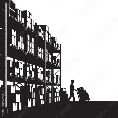 Warehouse worker silhouette moving boxes with trolley vector illustration line art graphics