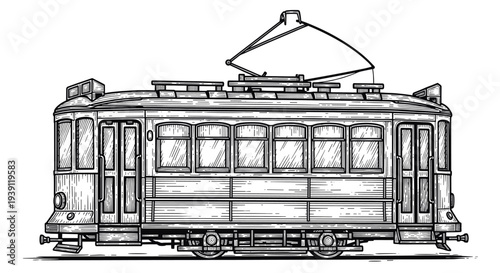 vintage engraving city tram streetcar classic public transport vehicle hand drawn woodcut style urban transportation illustration
