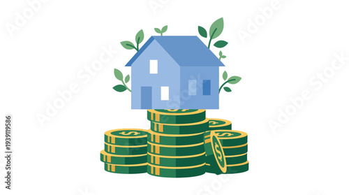 Real Estate Investment Growth Concept House on Coin Stack Flat Vector Illustration
