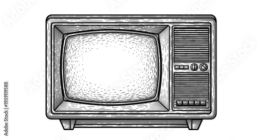 Vintage engraving retro television old tv set hand drawn woodcut style classic media device illustration
