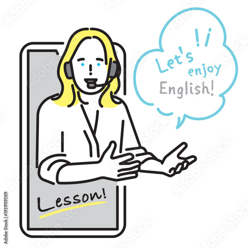 シンプル　イラスト　スマートフォンで英会話レッスンをするオンライン英語講師のイメージ ベクターイラスト