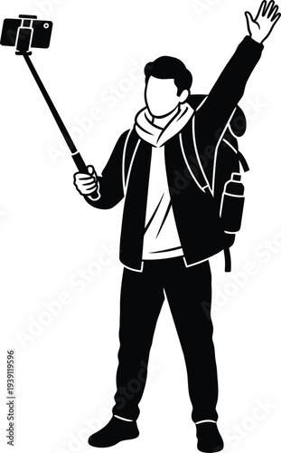 Man taking selfie with smartphone on stick and waving black sillhouette