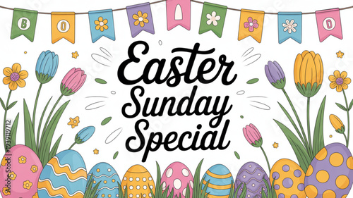 Colorful easter eggs and tulips with bunting flags banner easter sunday special illustration