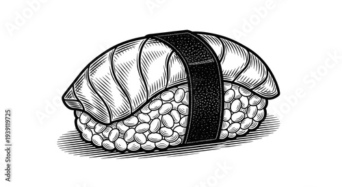 vintage sushi nigiri with rice and fish detailed Japanese cuisine engraving illustration isolated, hand drawn traditional seafood food woodcut style retro culinary artwork