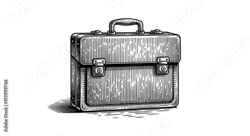 vintage leather briefcase with handle detailed retro business bag engraving illustration isolated, classic office portfolio hand drawn antique woodcut style