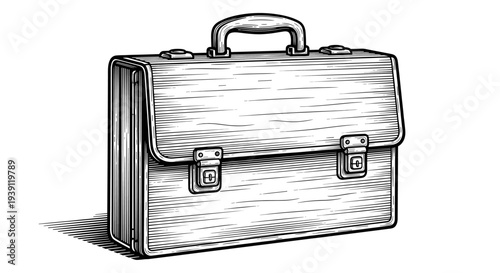 vintage leather briefcase with handle detailed retro business bag engraving illustration isolated, classic office portfolio hand drawn antique woodcut style