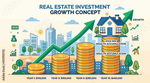 Real Estate Investment Growth Concept House on Coin Stack Flat Vector Illustration
