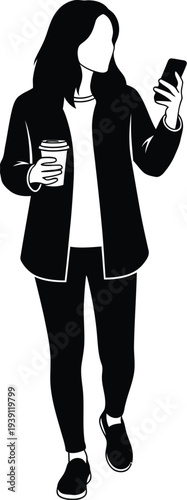 Black sillhouette black and white of woman walking with coffee cup and smartphone