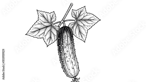 vintage cucumber vegetable with leaves and vine detailed botanical engraving illustration isolated, hand drawn garden plant woodcut style agricultural food drawing