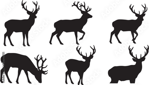 Collection of black stag deer silhouettes with antlers. Vector illustration. isolated PNG with Transparent Background
