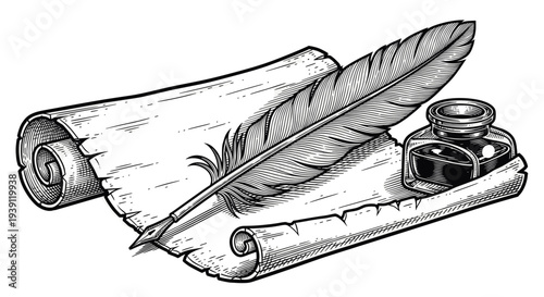Vintage engraving feather quill pen with ink bottle and parchment scroll hand drawn woodcut style historical writing illustration