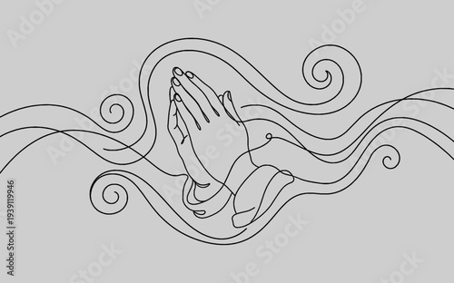 Prayer and Meditation Monoline Background with Folded Hands Symbol