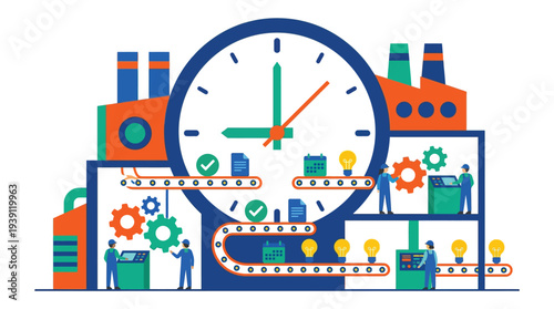 Time Management Factory Concept Solid Color Flat Vector Illustration