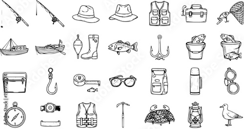 Hand-drawn fishing and nautical icons set. Doodle style sketch collection of outdoor activity equipment, tools, and marine life essentials on white background.
