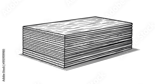 stack of wooden boards detailed vintage engraving illustration isolated, lumber timber planks hand drawn woodcut style carpentry construction material artwork