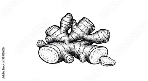 Vintage ginger root detailed botanical engraving illustration isolated, hand drawn medicinal plant woodcut style herbal spice ingredient illustration