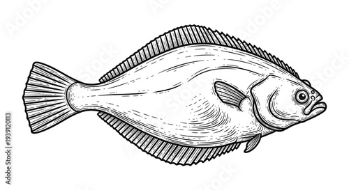 Flounder Fish Marine Animal Vector Illustration in Woodcut Style
