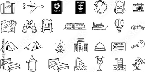 Hand-drawn Travel and Tourism Icons Set: Transportation, Accommodation, Activities, and Vacation Essentials