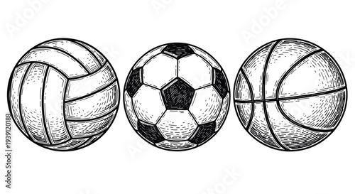 Vintage sports balls engraving set, retro athletic equipment and game ball sketches in woodcut style
