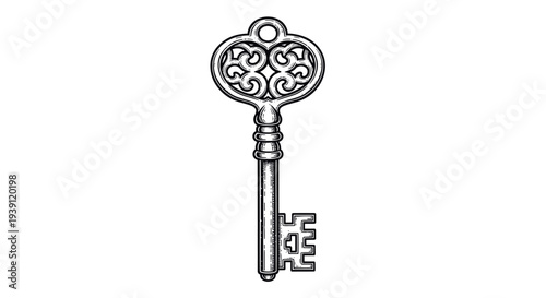 Antique Ornamental Skeleton Key Vector Illustration in Woodcut Style