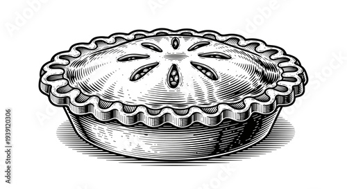 Vintage apple pie engraving, antique bakery sketch, traditional sweet pastry with lattice crust in woodcut style