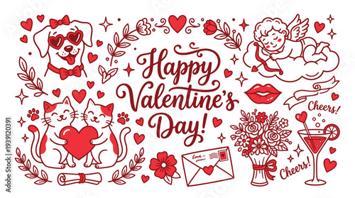 Valentine's Day decorative elements collection in whimsical line style, hearts, cupid, cats, dogs, flowers, and cocktails