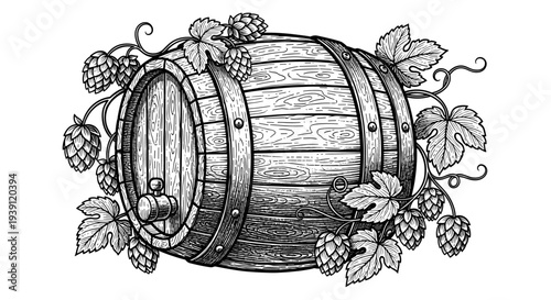 Vintage engraving wooden beer barrel with hop cones brewing ingredient hand drawn woodcut style craft beer illustration