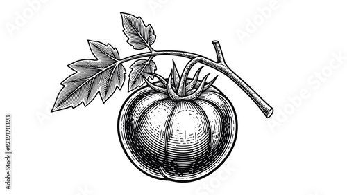 vintage ripe tomato with stem and leaf detailed botanical vegetable engraving illustration isolated, hand drawn garden produce antique woodcut style natural food artwork