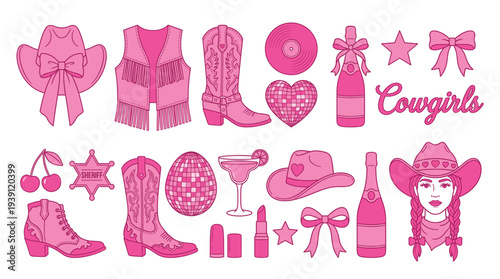 Western cowgirl elements collection in vibrant pink, cowboy hats, boots, fringe vests, sheriff stars, cherries, and disco hearts