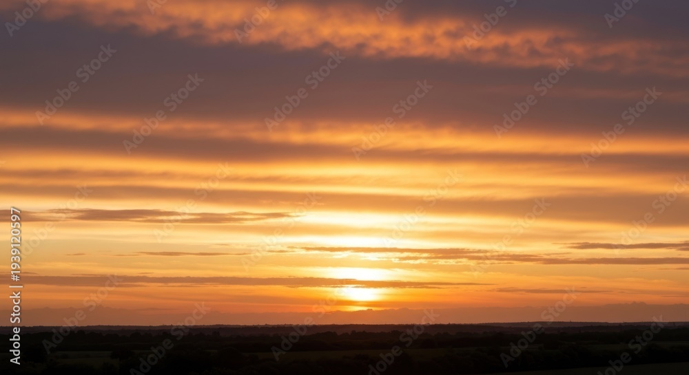 Obraz premium Sunset over a treeline with vibrant orange and yellow streaked clouds