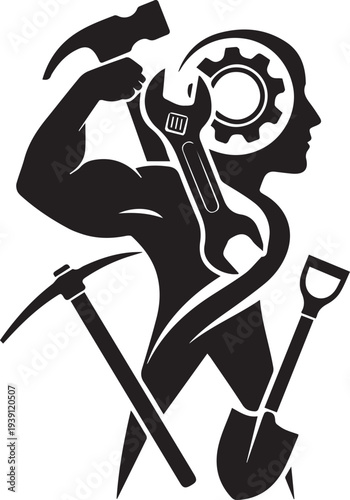 Worker intelligence and strength vector silhouette illustration industrial concept line art