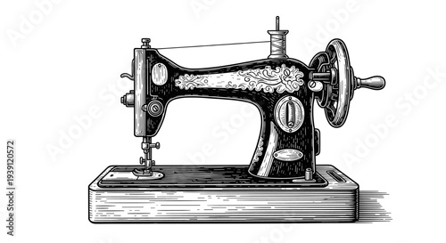 Vintage Engraving Style Antique Sewing Machine, Detailed Woodcut Tailor Illustration